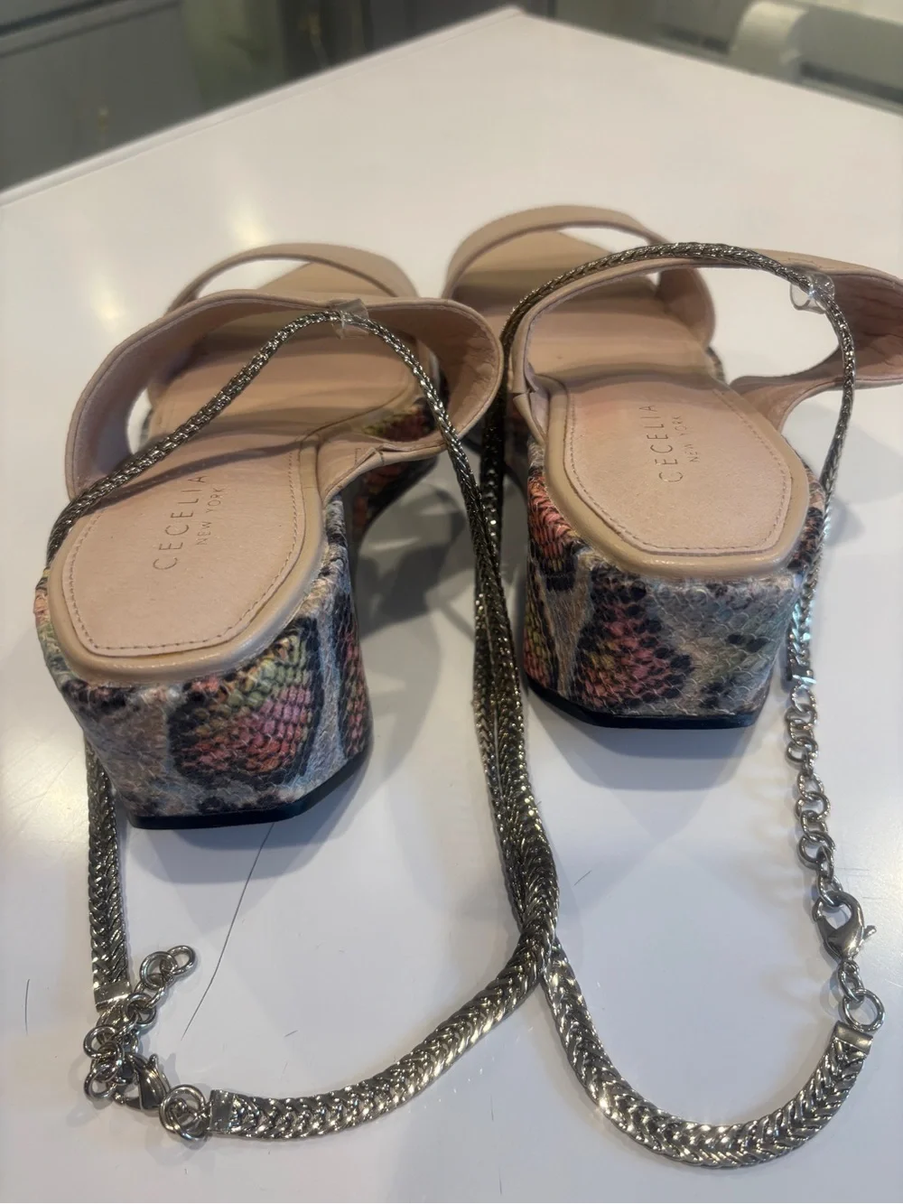 CECELIA NEW YORK Beige Platform Slide Sandals with Multicolor Patterned Wedge